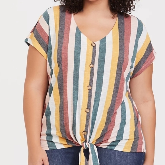 Torrid Multi Stripe Button Tie Front Tee - Picture 1 of 4